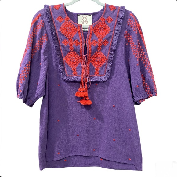 Figue Tops - Figue Embroidered Blouse Size Small Tassels Fringe Balloon Sleeves Cotton Boho